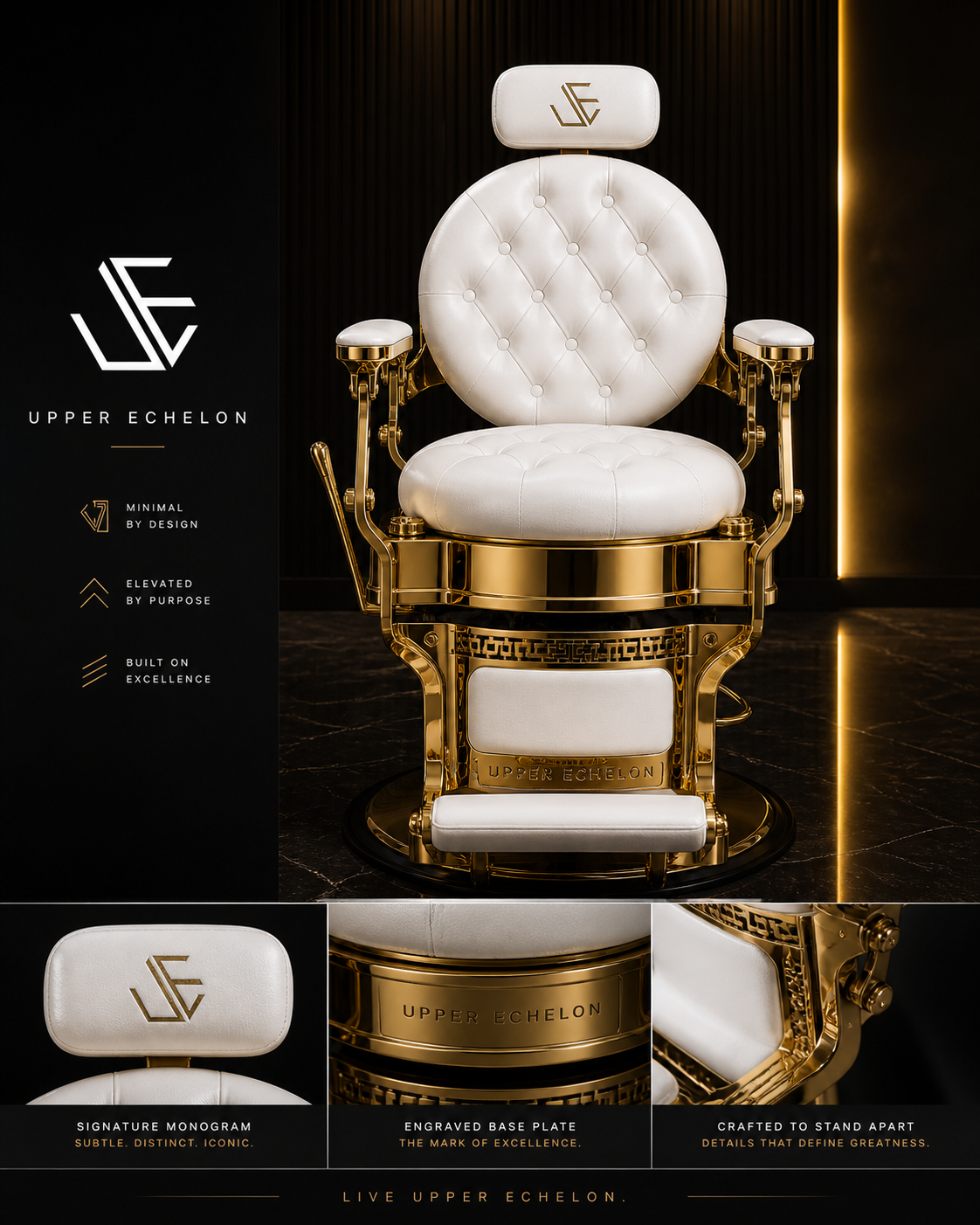 The Upper Echelon signature barber chair in white leather and 24k gold